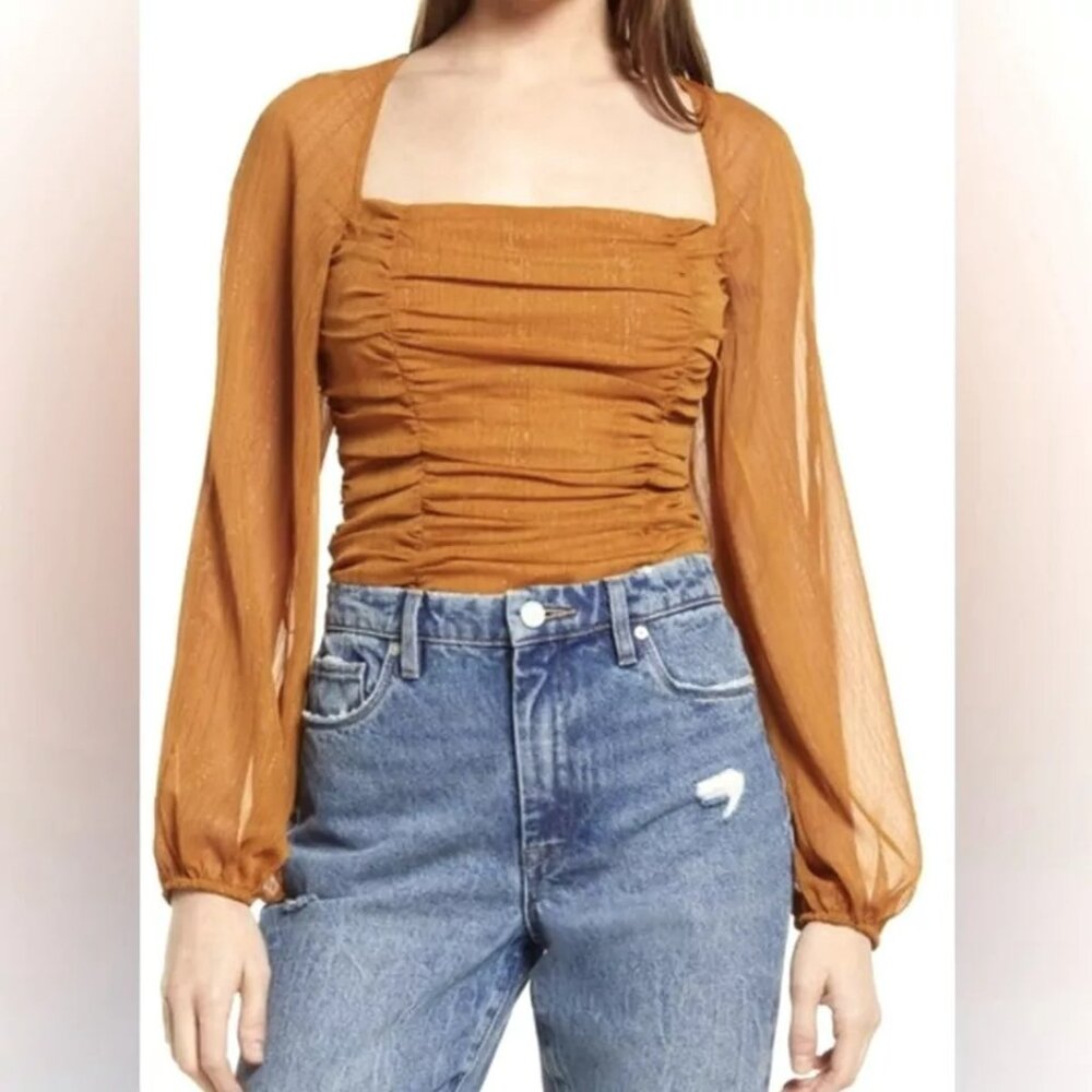 WAYF Ruched Front Top with Sheer Puff Sleeves in SaffronXS